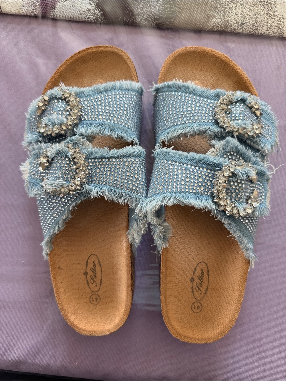 Denim Blue Jeweled Slide Sandals - Women's Casual Comfort